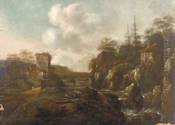 A river landscape with a mill and figures on a path Oil Painting by Allaert van Everdingen