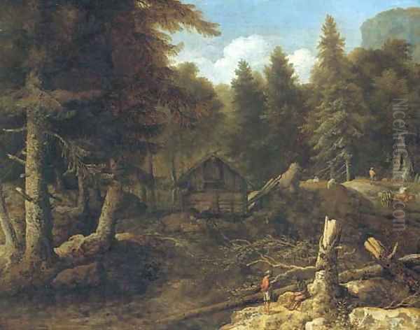 An extensive wooded landscape with woodmen in the foreground Oil Painting by Allaert van Everdingen