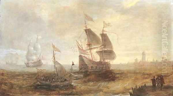 Men-o'-war and other shipping in a stiff breeze on the Schelde, a view of Antwerp beyond Oil Painting by Andries Van Eertvelt