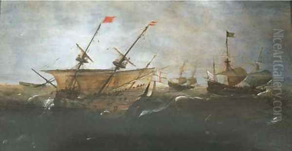 Merchantmen at sea in a gale Oil Painting by Andries Van Eertvelt