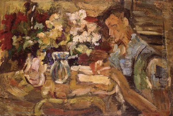 A Figure And Flowers Oil Painting by Menachem Schmidt Shemi