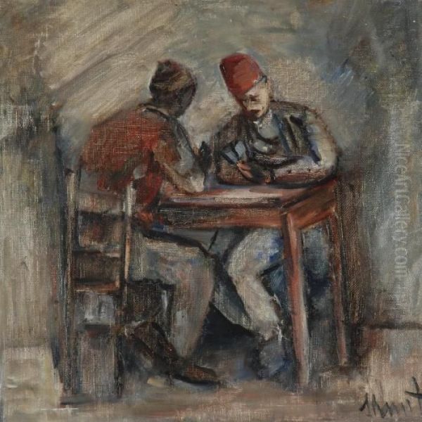 Men Playing Cards Oil Painting by Menachem Schmidt Shemi