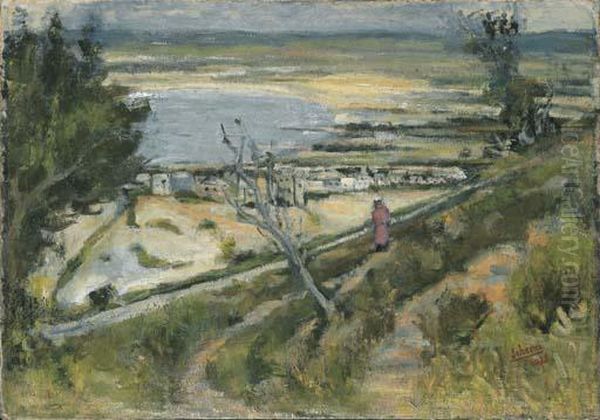 Figure In Landscape - Haifa Bay Oil Painting by Menachem Schmidt Shemi