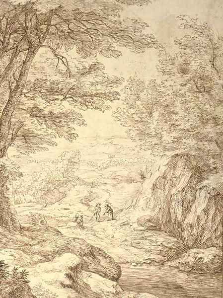 A rocky landscape with figures on a path Oil Painting by Jacob Esselens