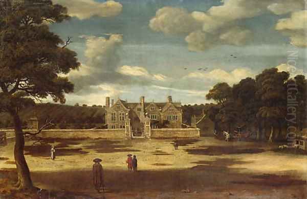 View of a Manor House, with figures in the foreground Oil Painting by Jacob Esselens