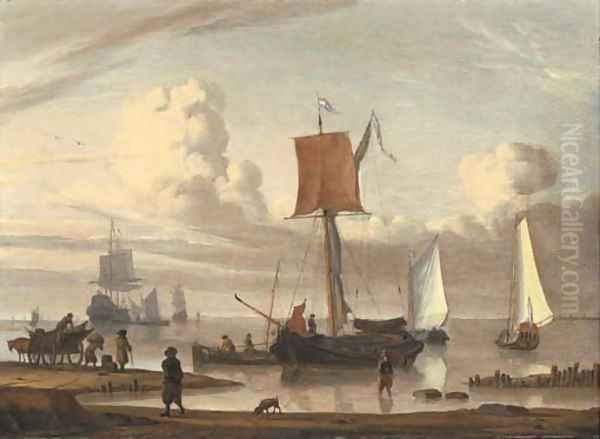 Dutch shipping by a shore with figures unloading a wagon Oil Painting by Jacob Esselens