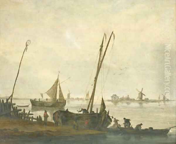 Fishermen mooring their boats on the bank of a river, a sailing boat and a river bank with windmills beyond Oil Painting by Jacob Esselens