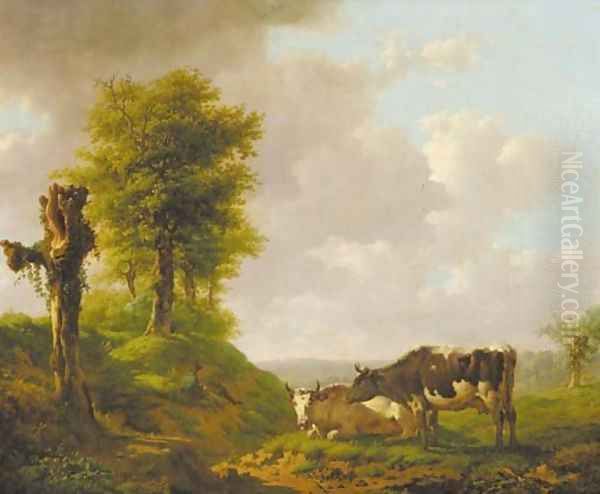 A hilly landscape with a cowherd and his cattle Oil Painting by Adolf Karel Maximilian Engel