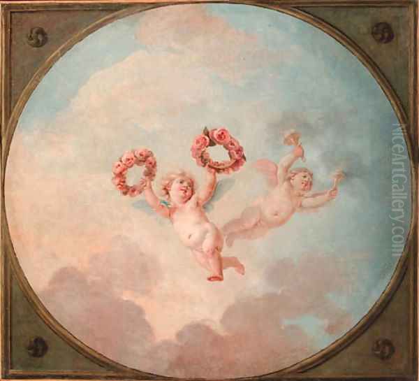 Putti desporting with a garland of flowers and flaming torches Oil Painting by Charles-Dominique-Joseph Eisen