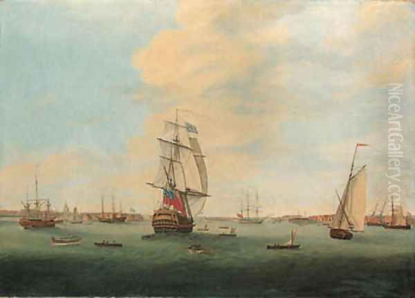 A Flagship of the Red leaving Portsmouth Oil Painting by Thomas Elliot