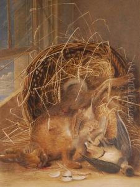 Still Life Study- Dead Hare And Bird In A Wicker Basket Oil Painting by George Sidney Shepherd