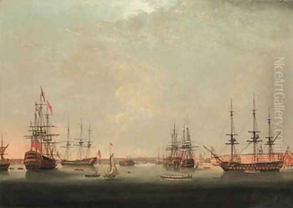 A Squadron of the Red in Portsmouth Harbour Oil Painting by Thomas Elliot