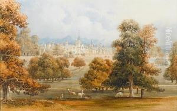 A Welsh Country House And Grounds With A Deerpark In The Foreground Oil Painting by George Sidney Shepherd