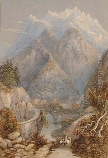 Figures On A Path In An Alpine Landscape Oil Painting by George Sidney Shepherd