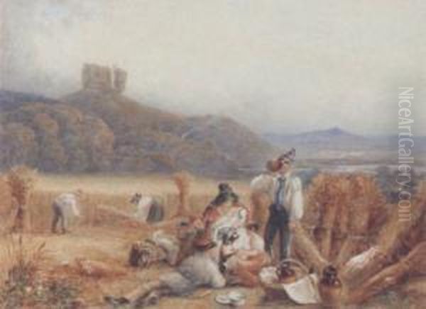 Harvesters Picknicking Near A Castle On A Hill Oil Painting by George Sidney Shepherd