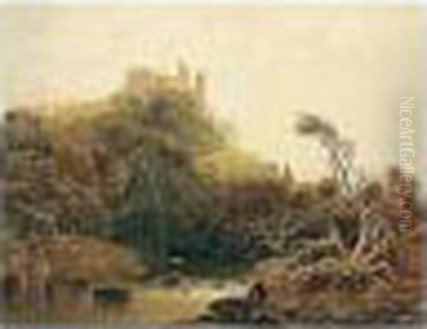 View On The River Dart By Berry Pomeroy Castle, South Devon Oil Painting by George Sidney Shepherd