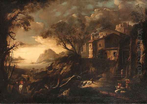 A Mediterranean Landscape with Workmen near a walled Village Oil Painting by Johann Eismann