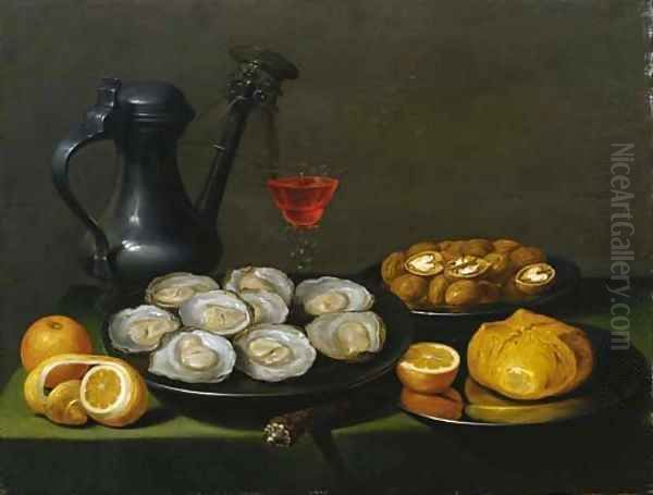 Oysters, walnuts and a bun on a pewter dish Oil Painting by Jacob Foppens Van Es: