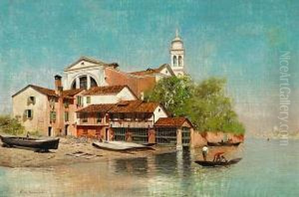 The Gondola Workshop Of San Trovaso,venice Oil Painting by Warren W. Sheppard