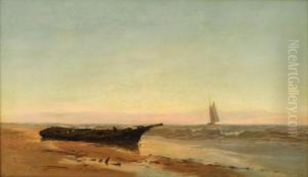 Shipwreck On The Beach At Sunrise Oil Painting by Warren W. Sheppard