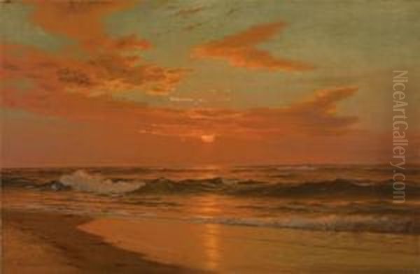 Luminous Coastal Sunset Oil Painting by Warren W. Sheppard