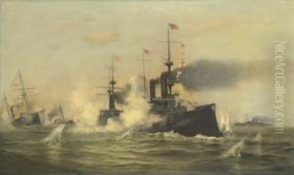 Admiral Dewey's Flagship Entering Manila Bay Oil Painting by Warren W. Sheppard