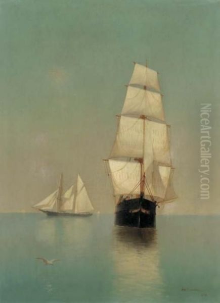 Shipping In A Calm At Sunset Oil Painting by Warren W. Sheppard