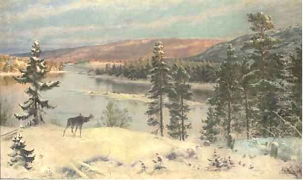 An elk in a winter landscape Oil Painting by H. Knut Ekwall