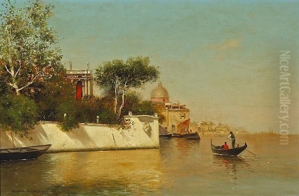 A View Of A Venetian Villa With A Gondola In The Foreground Oil Painting by Warren W. Sheppard