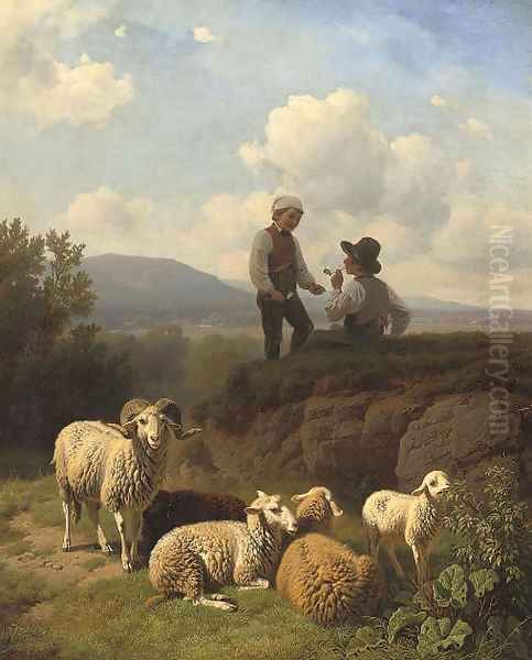 Young shepherds having a smoke Oil Painting by Robert Eberle