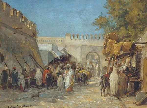 Arabs in a bustling bazaar Oil Painting by Victor Eeckhout