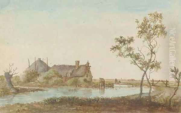 A farmhouse on a river bank Oil Painting by Anthonie Erkelens