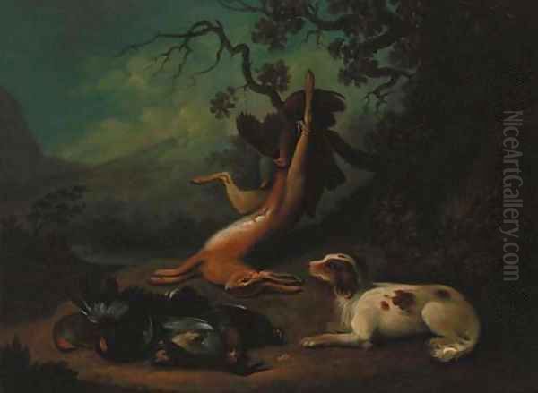 A spaniel with dead game, an extensive landscape beyond Oil Painting by Stephen Elmer