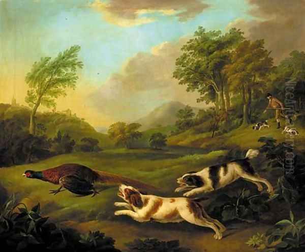 A huntsman with spaniels chasing a pheasant Oil Painting by Stephen Elmer