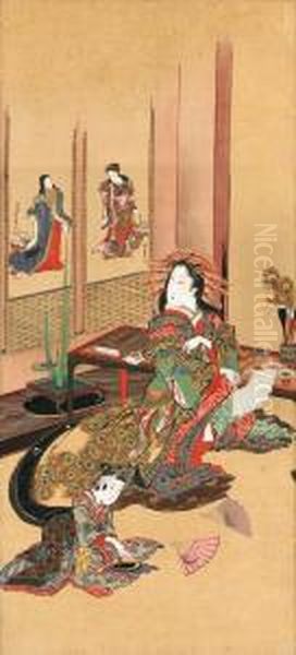 A Courtesan Preparing To Paint A Fan Oil Painting by Yanagawa Shigenobu