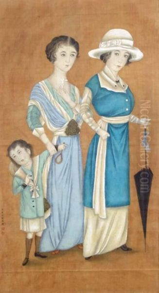 Two Ladies And A Small Girl Carrying A Racquet Oil Painting by Lang Shih-Ning