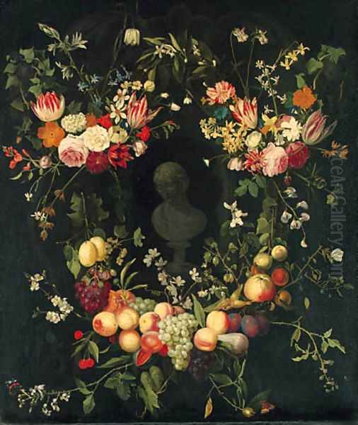 Swags of Flowers decorating a Niche with a Portrait Bust of a Lady Oil Painting by Frans Van Everbroeck