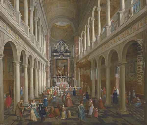 The interior of St. Charles Borromeo, Antwerp, with elegant company Oil Painting by Wilhelm Schubert Van Ehrenber