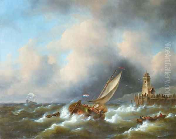 Sailing in a stiff breeze by a coast 2 Oil Painting by Govert Van Emmerik