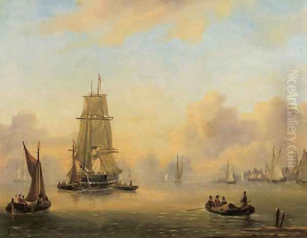 A two-master in a calm, a harbour beyond Oil Painting by Govert Van Emmerik