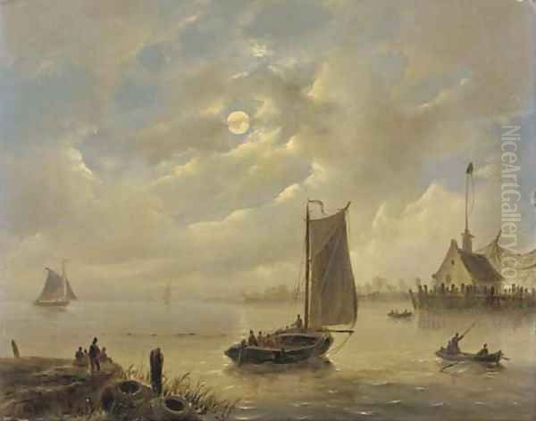 Approaching a harbour town by moonlight Oil Painting by Govert Van Emmerik