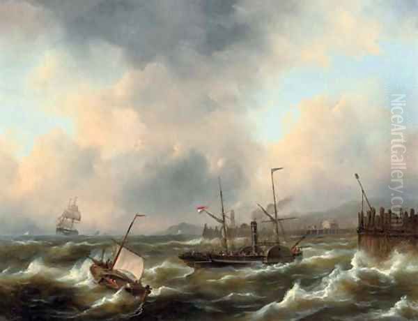 A paddle steamer on rough water Oil Painting by Govert Van Emmerik