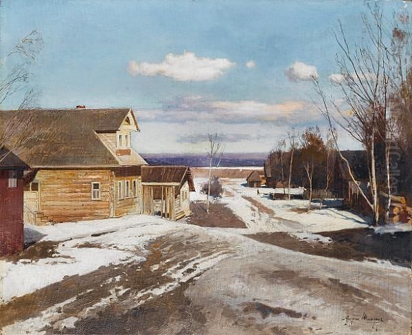 Thaw In The Village Oil Painting by Andrei Nikolaevich Shilder