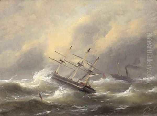 Sailing ships in stormy weather Oil Painting by Govert Van Emmerik