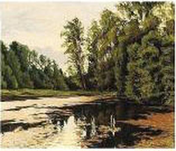 Reflections In A Woodland Lake Oil Painting by Andrei Nikolaevich Shilder