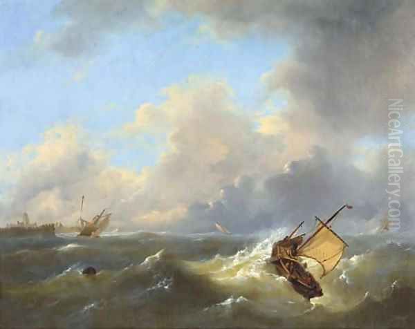 Shipping on a choppy sea by a coast Oil Painting by Govert Van Emmerik