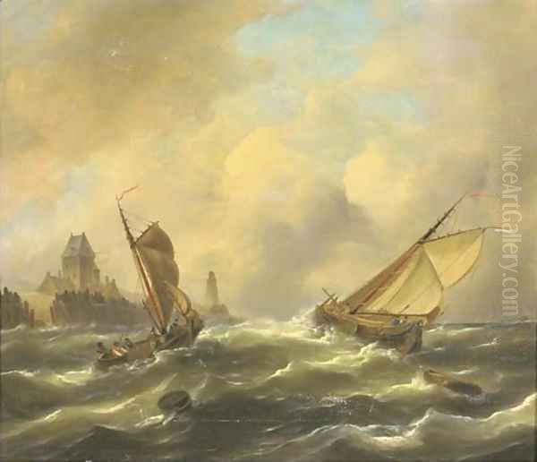 Sailing in a stiff breeze by a coast Oil Painting by Govert Van Emmerik