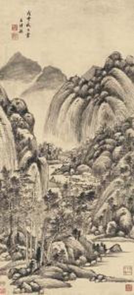 Cottages On Mount Fu Chun Oil Painting by Wang Shimin