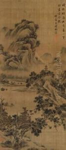 Mountainous Landscape With Pagoda Oil Painting by Wang Shimin