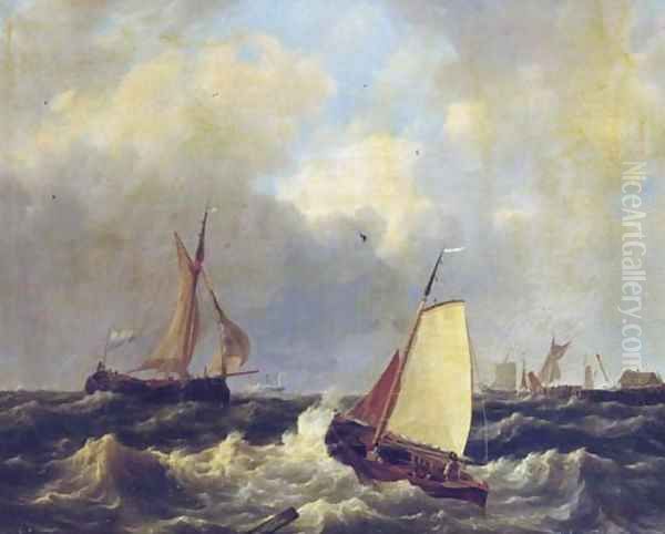 Sailing on choppy waters by a coast Oil Painting by Hendrik Jacob Elzer